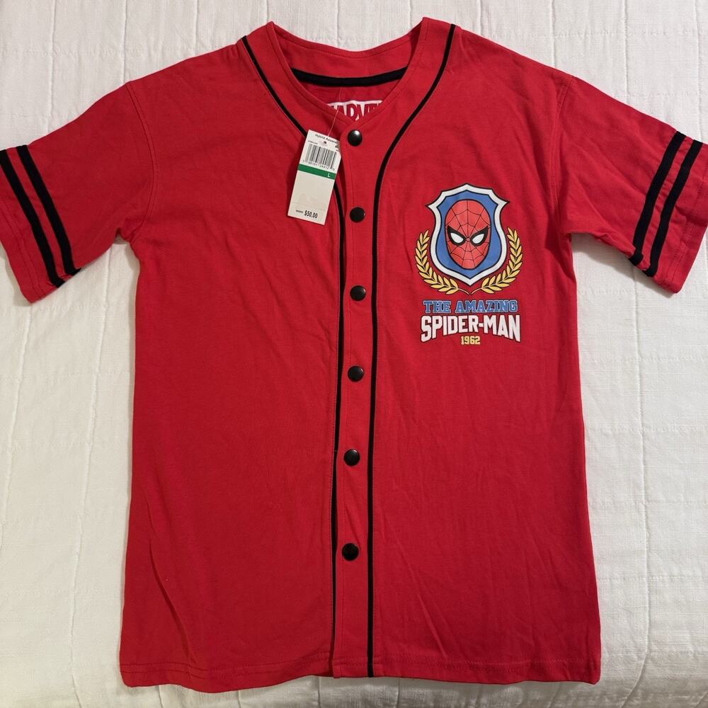 Spiderman Big Boys Baseball Graphic Tee LARGE Red/Black Button Up NEW - Picture 3 of 7